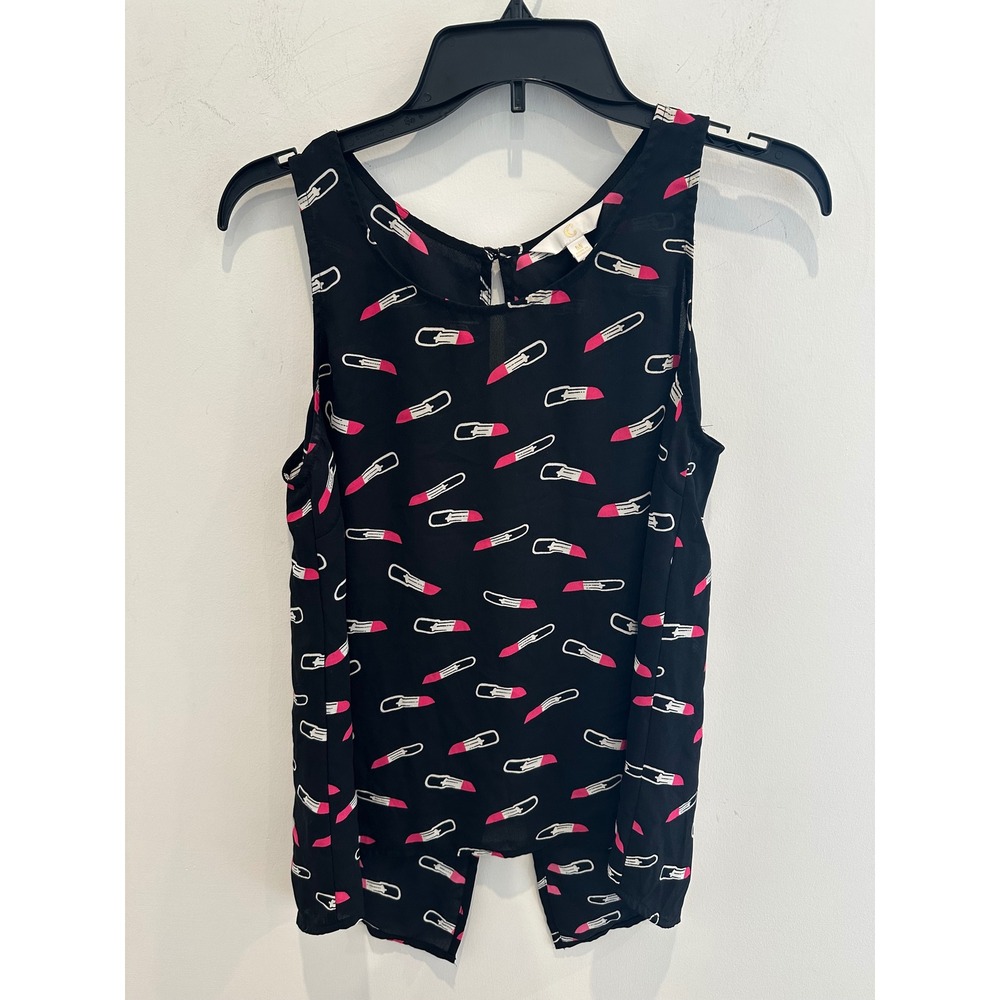 C. Wonder Lipstick Print Tank Top Black Pink Sleeveless Blouse Medium